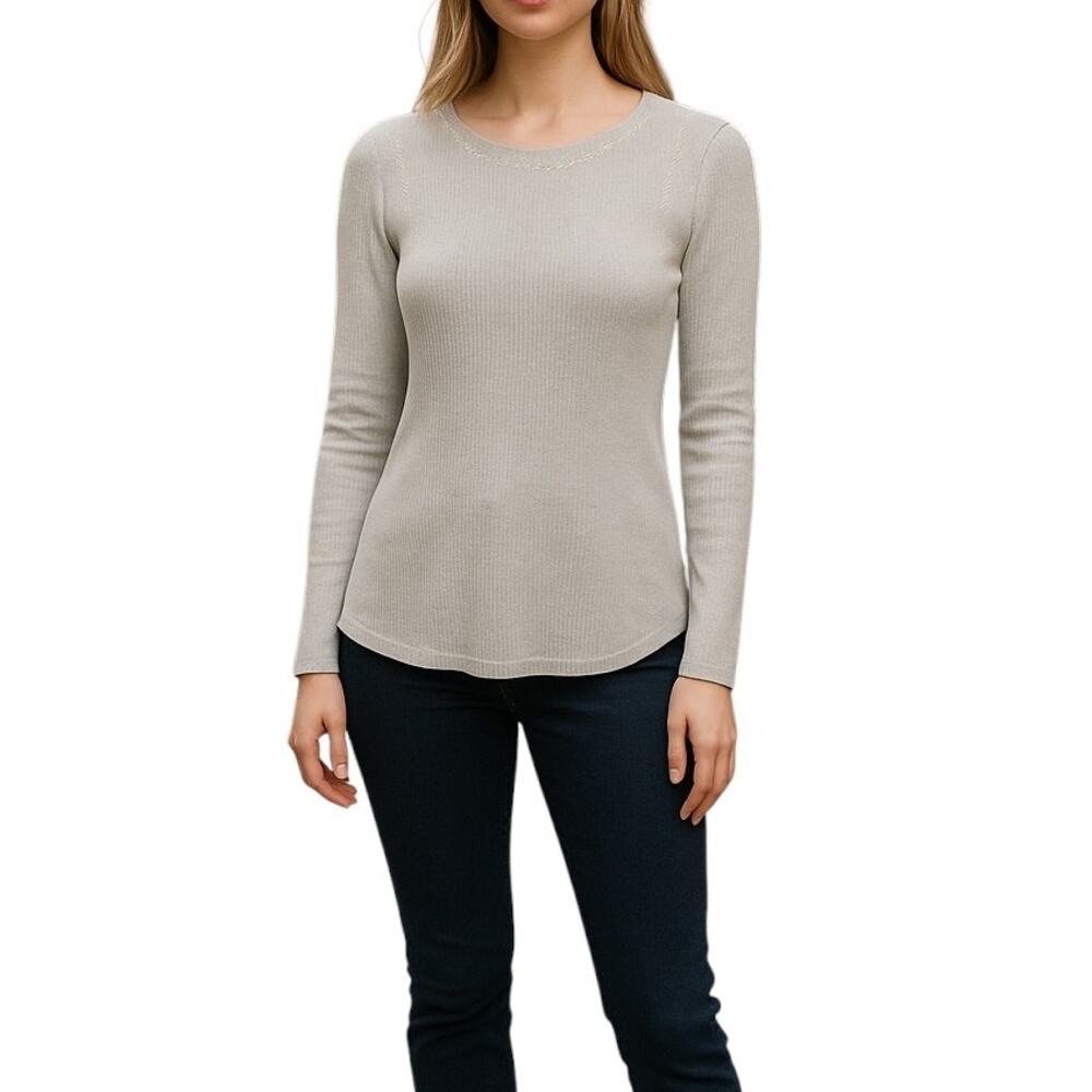 Sundance Embroidered Stitch Neckline Ribbed Cotton Long Sleeve Top
